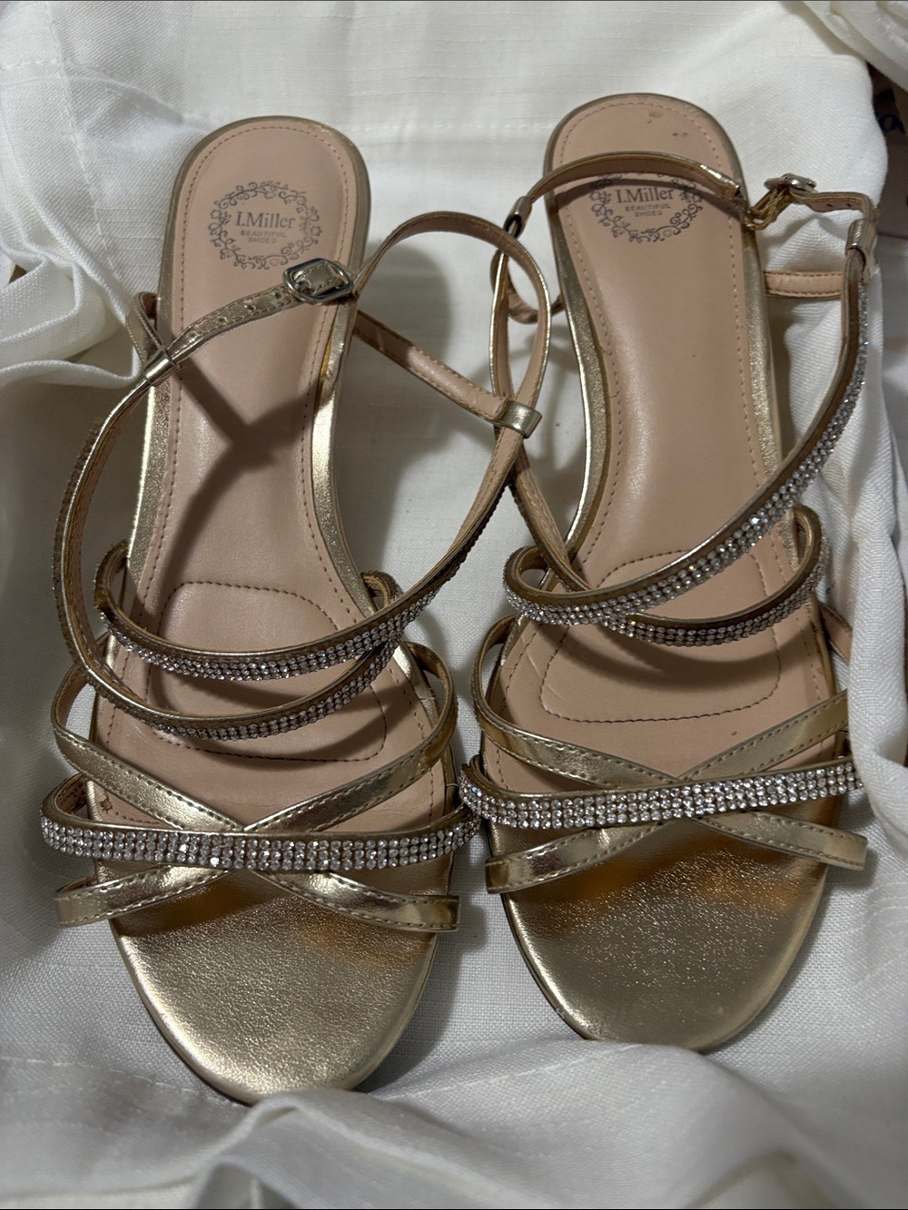 I.Miller Metallic Gold Rhinestone Crisscross Sandals for Women